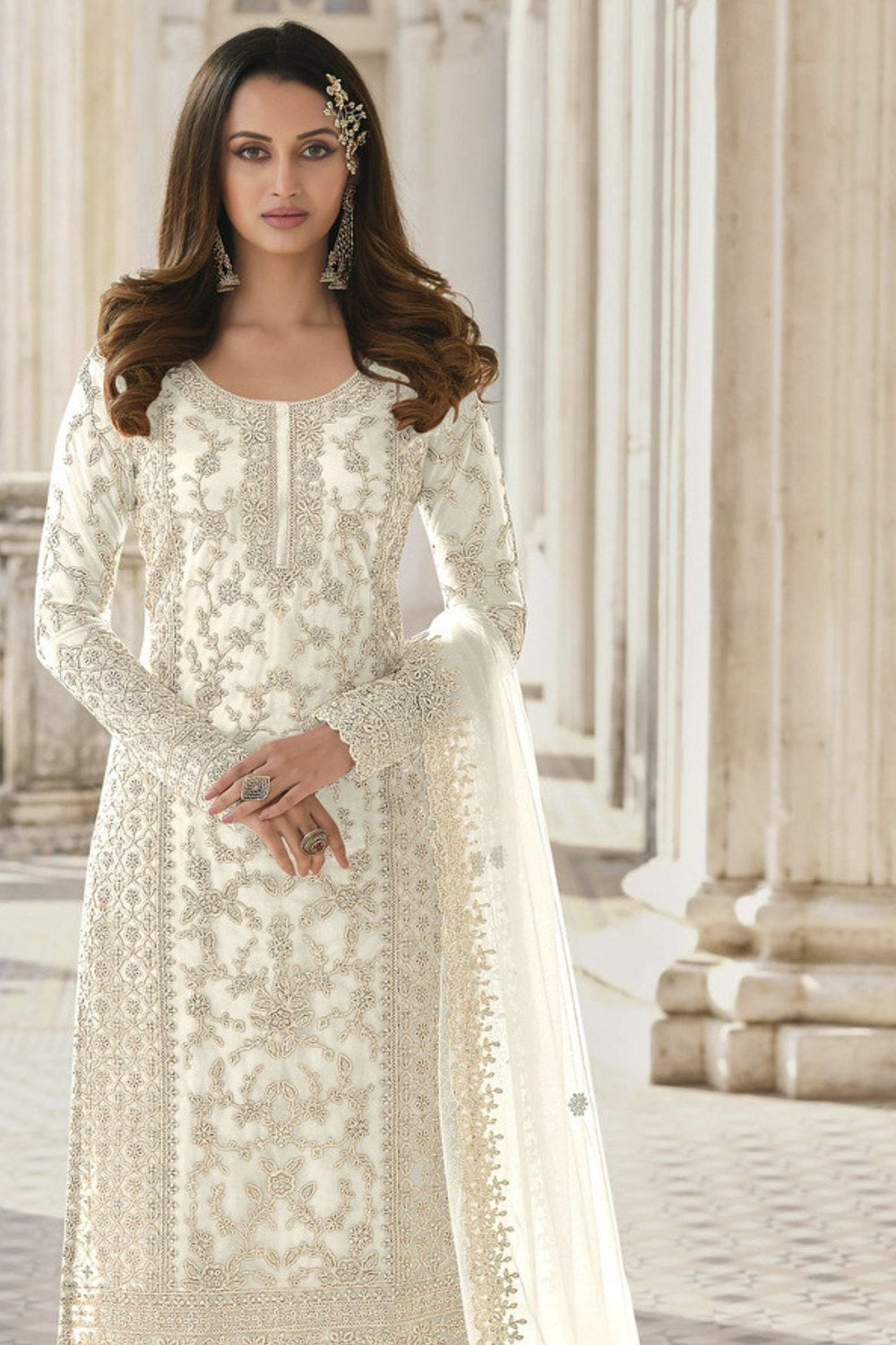 White Net Kameez Plazzo Suit For Indian Wedding & Pakistani Festival Dress - Embroidery Work - close-up view