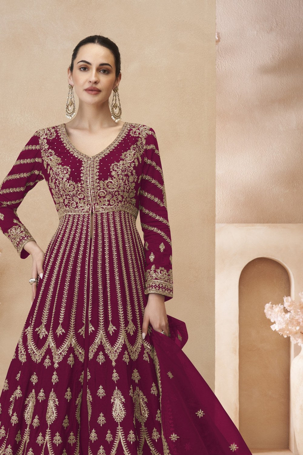 Maroon Chinon Silk India Wedding Gowns Anarkali Suit for Weddings - Embroidery Work - close-up view
