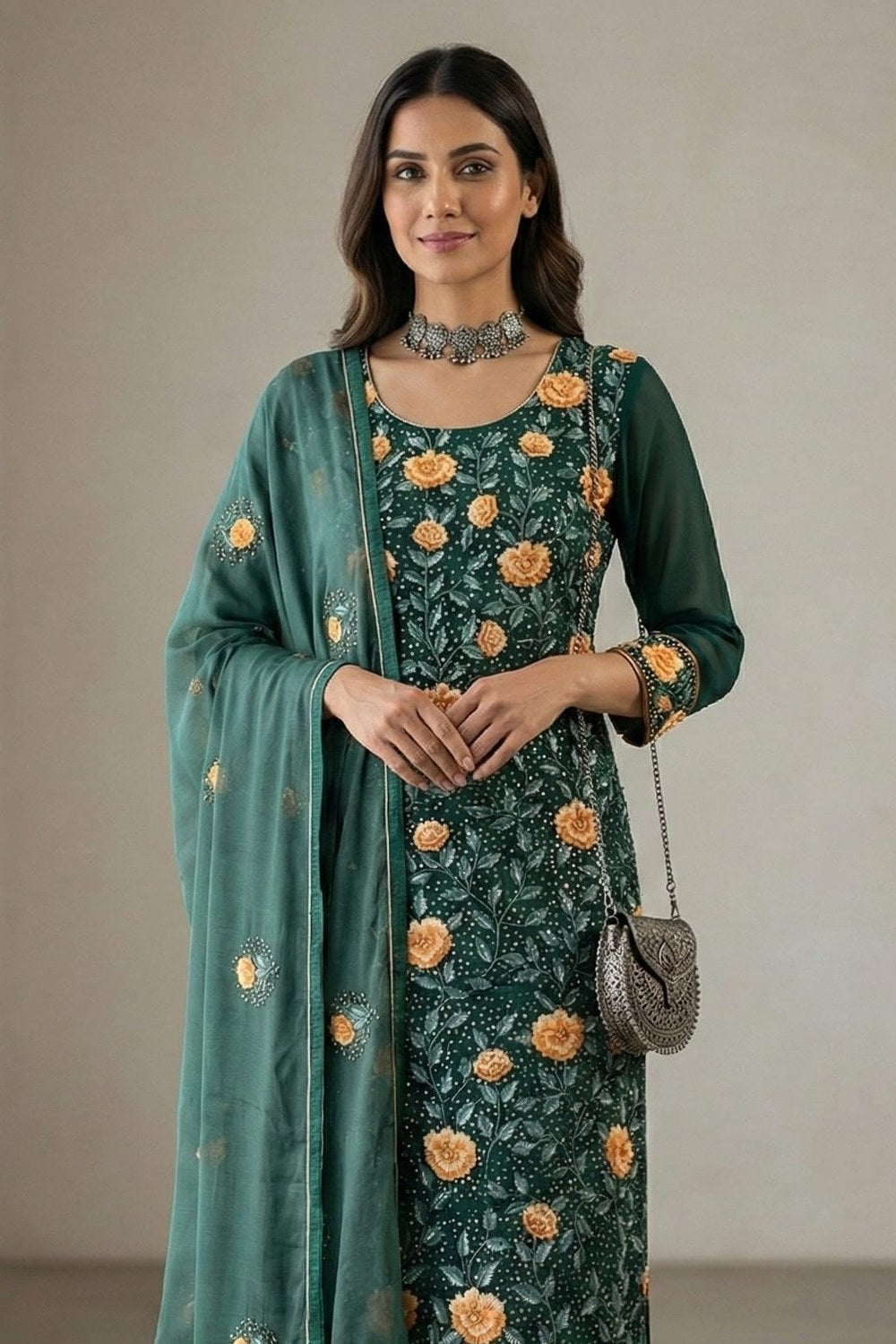 Dark Green Georgette Kameez With Pant For Indian & Pakistani Wedding Festival - Thread & Sequins Embroidery Work - close-up view