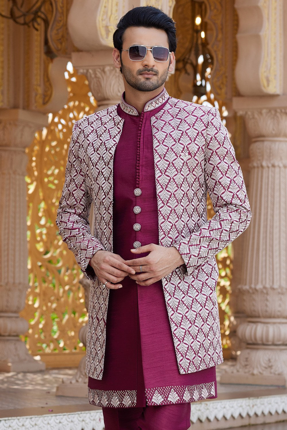 Maroon Art Silk Indo Western Suit Long Kurta with Jacket, Pant & Dupatta for Men for Wedding - Thread Embroidery Work - close-up view