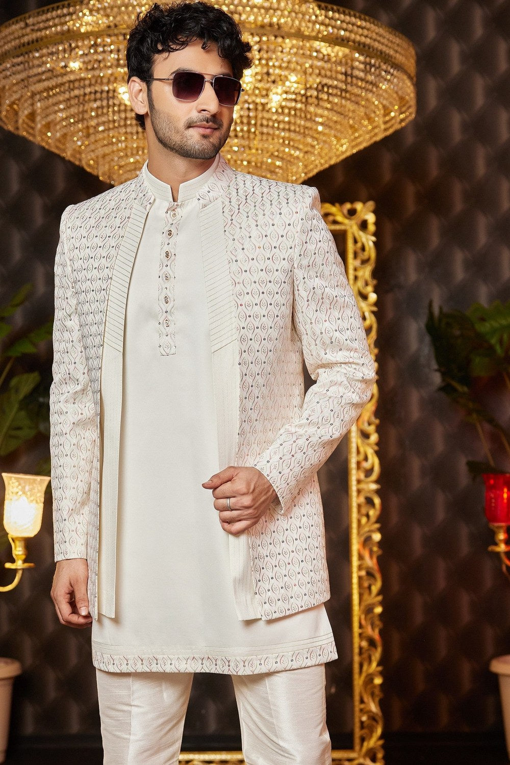 Cream Art Silk Traditional Indo Western Sherwani Long Kurta & Pant for Men - Embroidery Work - close-up view