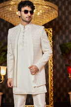 Cream Art Silk Traditional Indo Western Sherwani Long Kurta & Pant for Men - Embroidery Work - close-up view