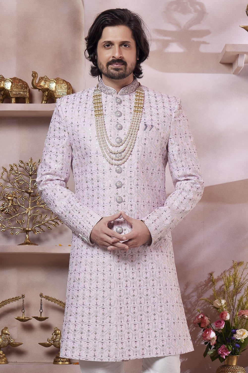 Pastel Pink Art Silk Indo Western Traditional Sherwani Long Kurta & Pant Suit for Men for Wedding - Thread Embroidery Work - close-up view