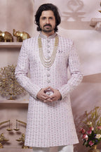 Pastel Pink Art Silk Indo Western Traditional Sherwani Long Kurta & Pant Suit for Men for Wedding - Thread Embroidery Work - close-up view