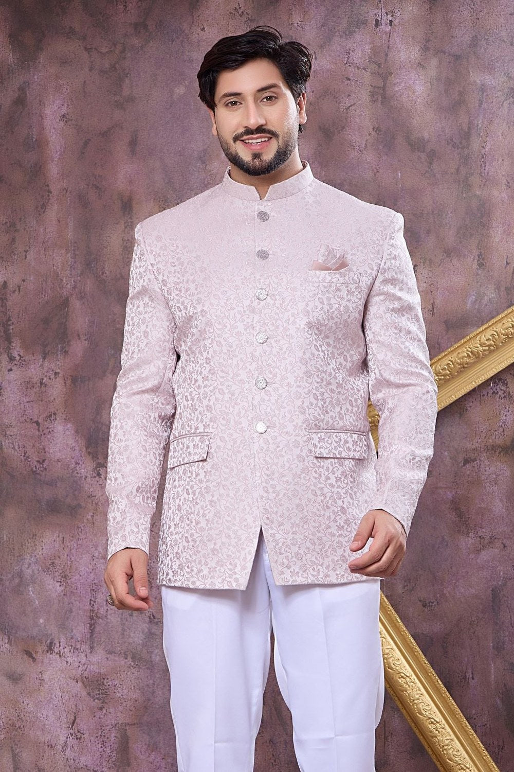 Blush Pink Art Silk Gents Jodhpuri Suit & Pant with Woven Work - close-up view