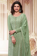 Green Chinon Silk Long Kameez Suit with Pant and Dupatta For Indian Festivals & Weddings - Embroidery Work - close-up view