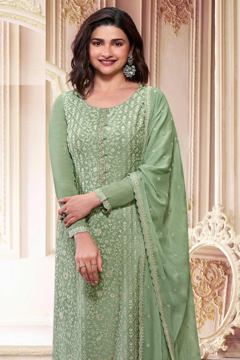 Green Chinon Silk Long Kameez Suit with Pant and Dupatta For Indian Festivals & Weddings - Embroidery Work - close-up view