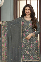 Gray Chinon Silk Floral Plazo Suit For Indian Festivals & Pakistani Weddings Dress - Embroidery Work - close-up view