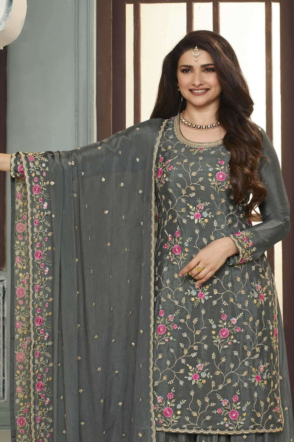 Gray Chinon Silk Floral Plazo Suit For Indian Festivals & Pakistani Weddings Dress - Embroidery Work - close-up view