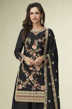 Black Chinon Silk Palazzo Suit For Indian & Pakistani Wedding Festival - Thread Embroidery Work - close-up view