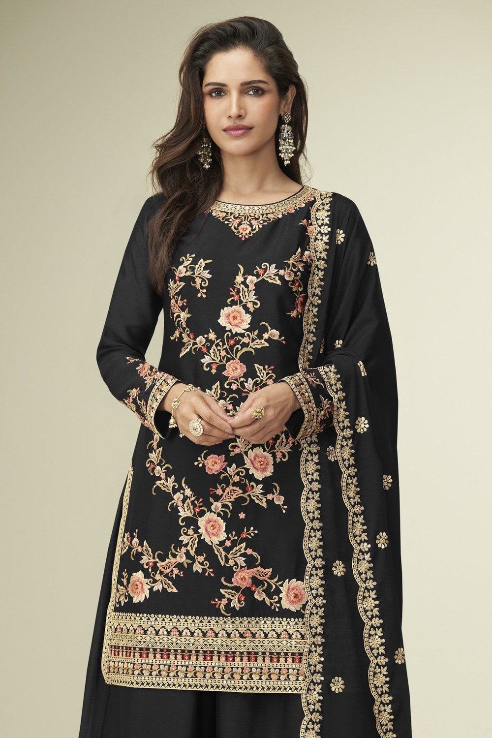 Black Chinon Silk Palazzo Suit For Indian & Pakistani Wedding Festival - Thread Embroidery Work - close-up view