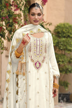 White Chinon Silk Kameez With Palazzo Suit For Indian & Pakistani Wedding Festival - Thread & Sequence Embroidery - close-up view