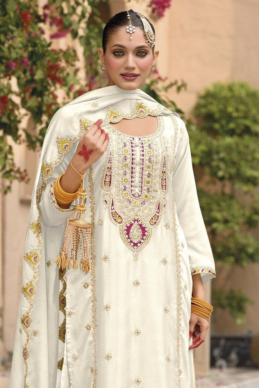 White Chinon Silk Kameez With Palazzo Suit For Indian & Pakistani Wedding Festival - Thread & Sequence Embroidery - close-up view