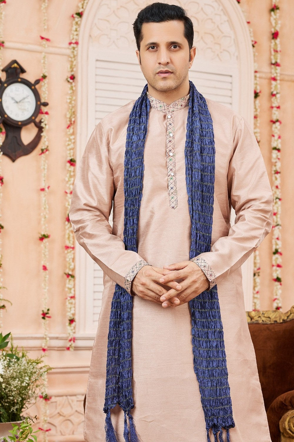 Peach Art Silk Plain Kurta Pajama with Stole Scarf for Men for Festivals & Wedding - close-up view