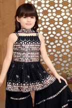 Black Crepe Kidswear Girl Kameez with Sharara Suit & Dupatta Dress for Kids for Wedding - Thread & Sequins Embroidery Work - close-up view