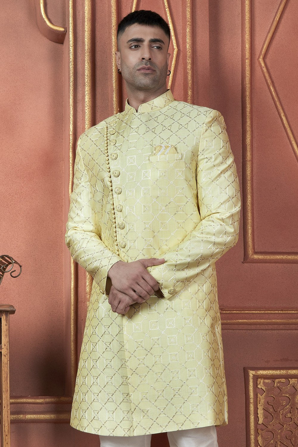 Light Yellow Art Silk Traditional Indo Western Sherwani Kurta with Jacket & Pant for Men - Thread Embroidery Work - close-up view