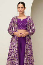 Purple Chinon Silk Crop Top and Palazzo with Long Jacket - Thread & Sequins Work - close-up view