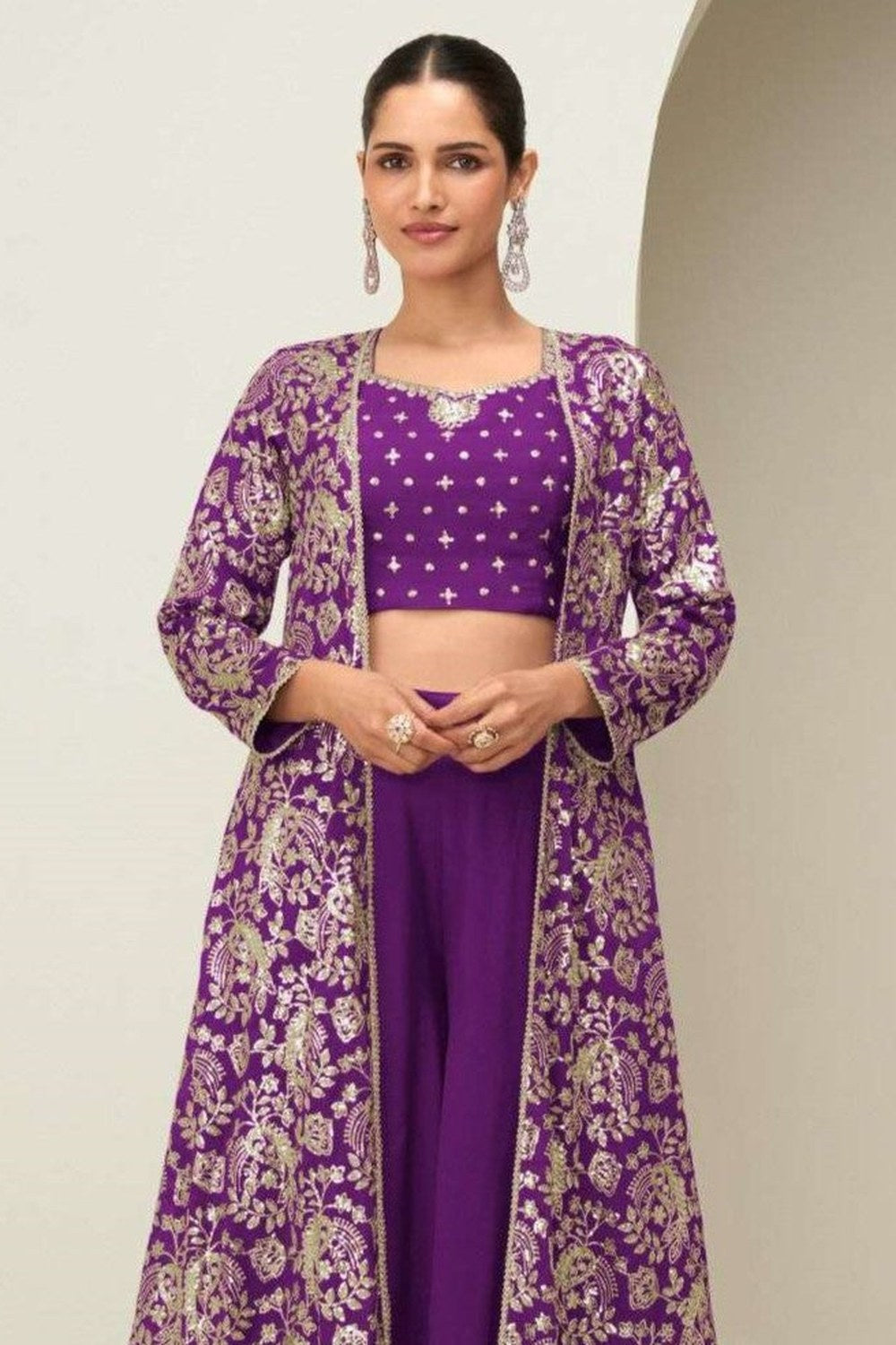 Purple Chinon Silk Crop Top and Palazzo with Long Jacket - Thread & Sequins Work - close-up view