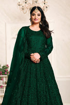 Green Net Anarkali Outfits for Mehndi with Sequins and Thread Embroidery - close-up view