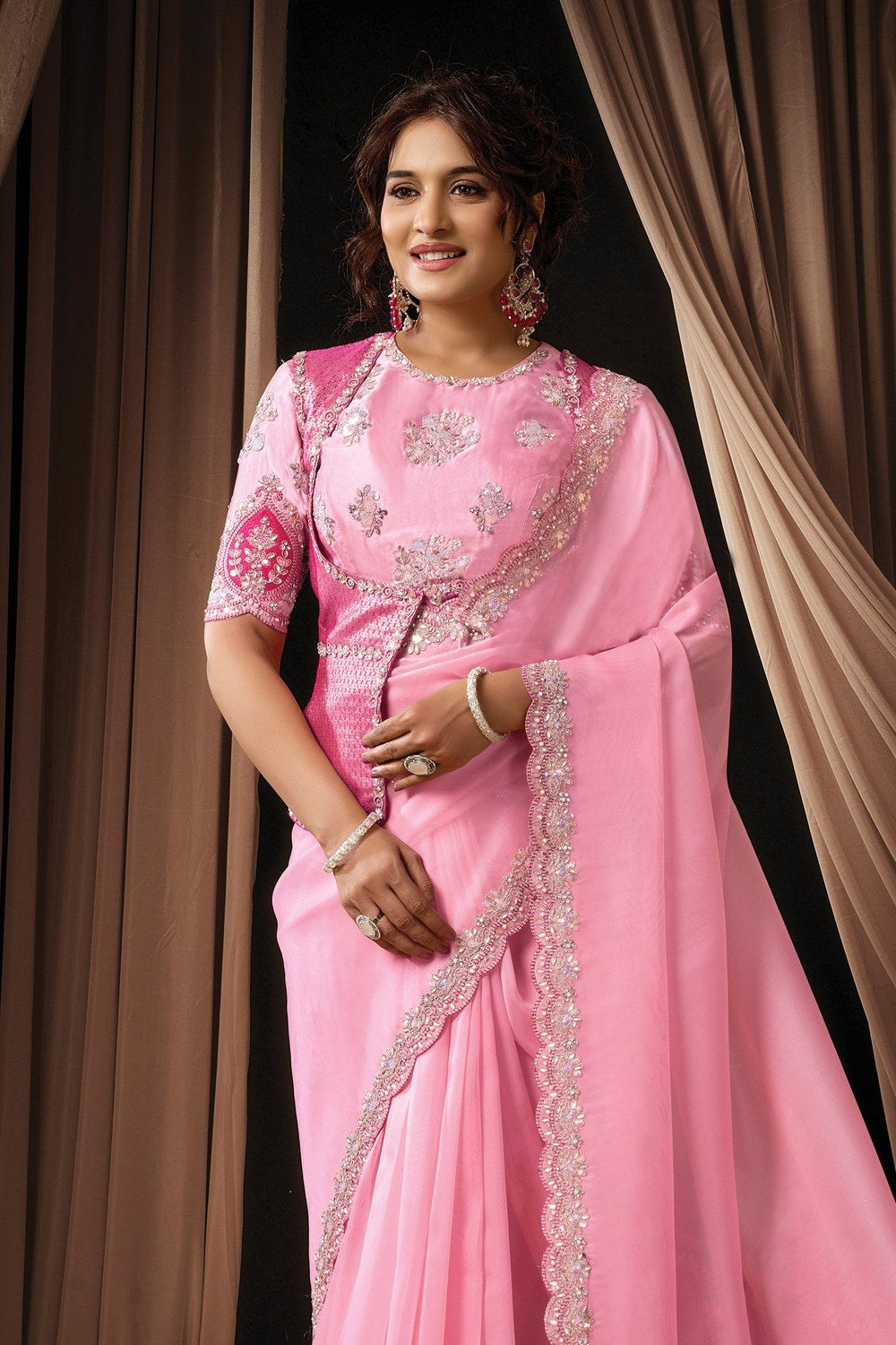 Pink Satin Silk Saree for Wedding Guest with Embroidery & Pearl Work - close-up view