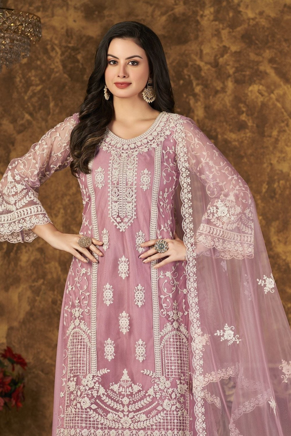 Pink Net Plazo Pakistani Style Wedding Dresses with Thread Embroidery - close-up view