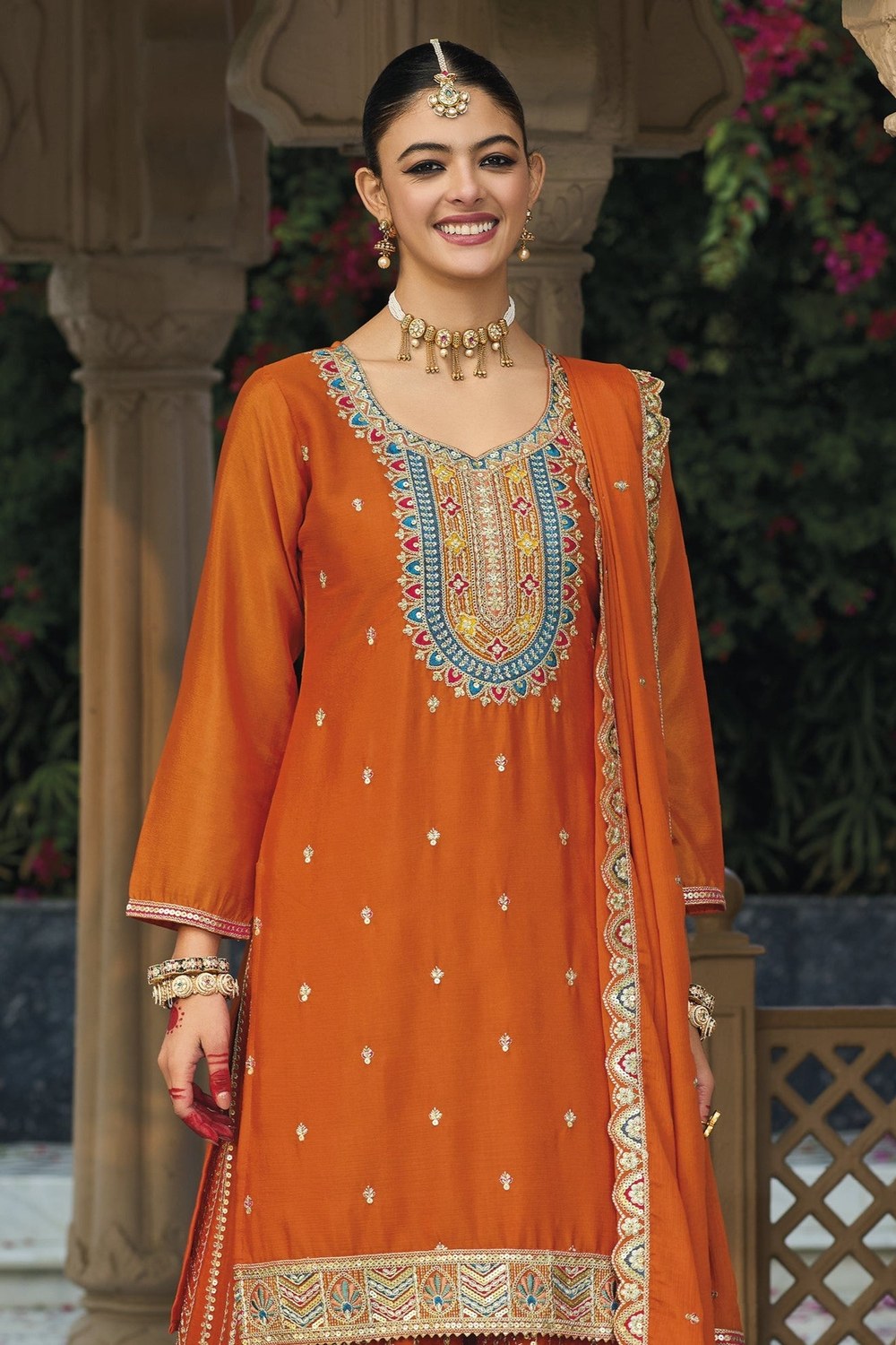 Orange Chinon Silk Plazo Suit For Indian & Pakistani Wedding Festival - Embroidery Work - close-up view