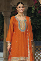 Orange Chinon Silk Plazo Suit For Indian & Pakistani Wedding Festival - Embroidery Work - close-up view