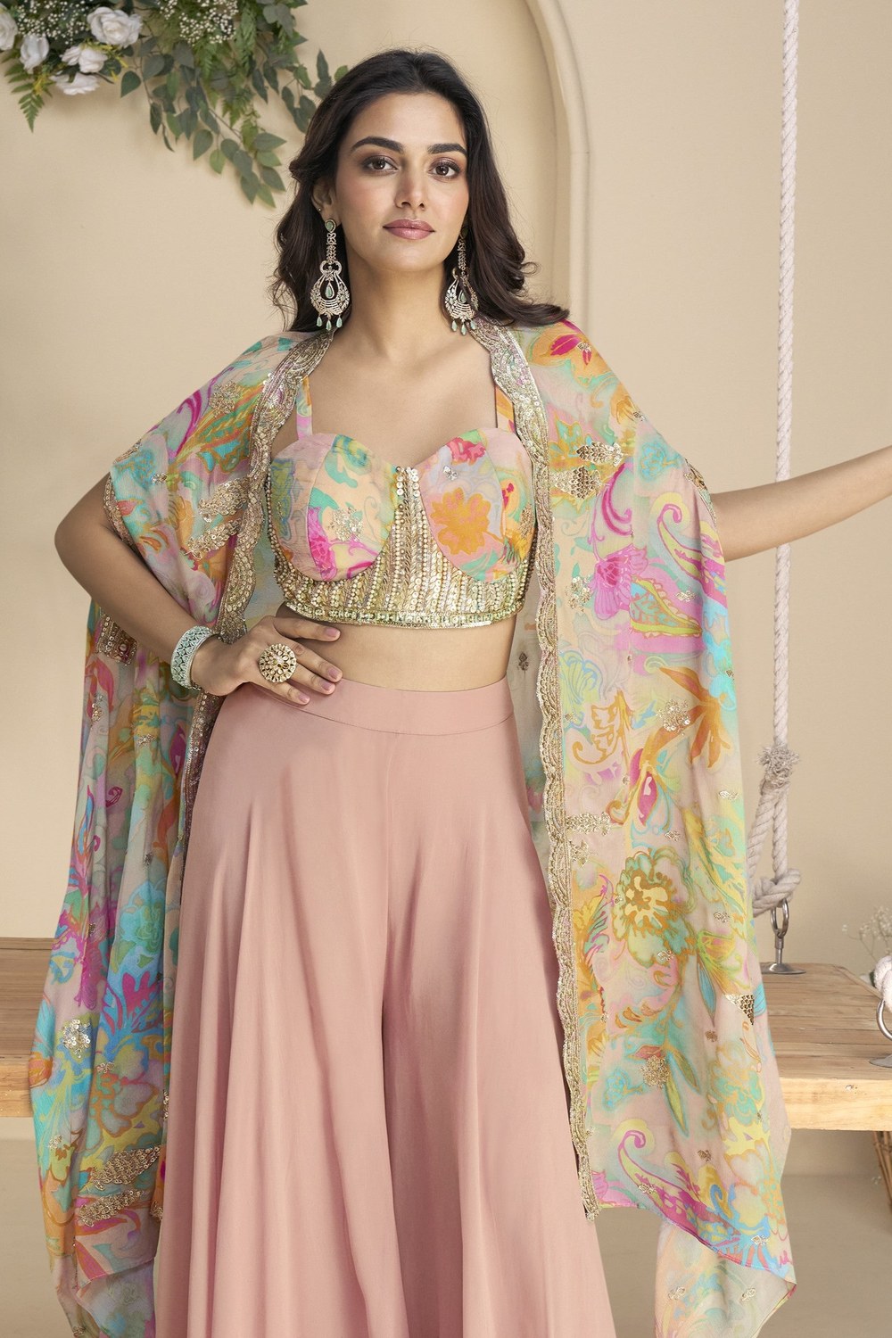 Light Pink Chinon Silk Plazo Choli With Shrug For Indian & Pakistani Wedding Festival - Thread & Sequins Embroidery Work, Print Work - close-up view