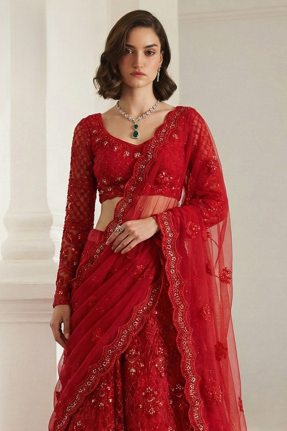 Red Sangeet Lehenga Choli in Net with Sequins & Thread Embroidery - close-up view