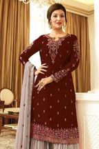 Reddish Maroon Georgette Sharara Suit for Women for Wedding & Marriage - Thread Embroidery Work - close-up view