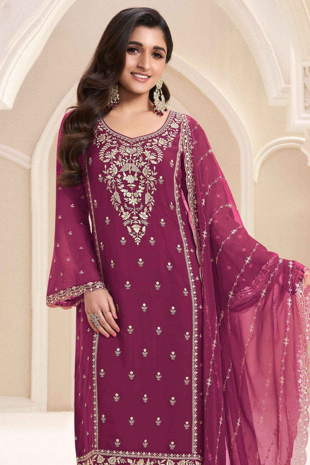 Maroon Chiffon Silk Long Kameez Pant Suit For Indian Festivals & Weddings - Embroidery Work - close-up view