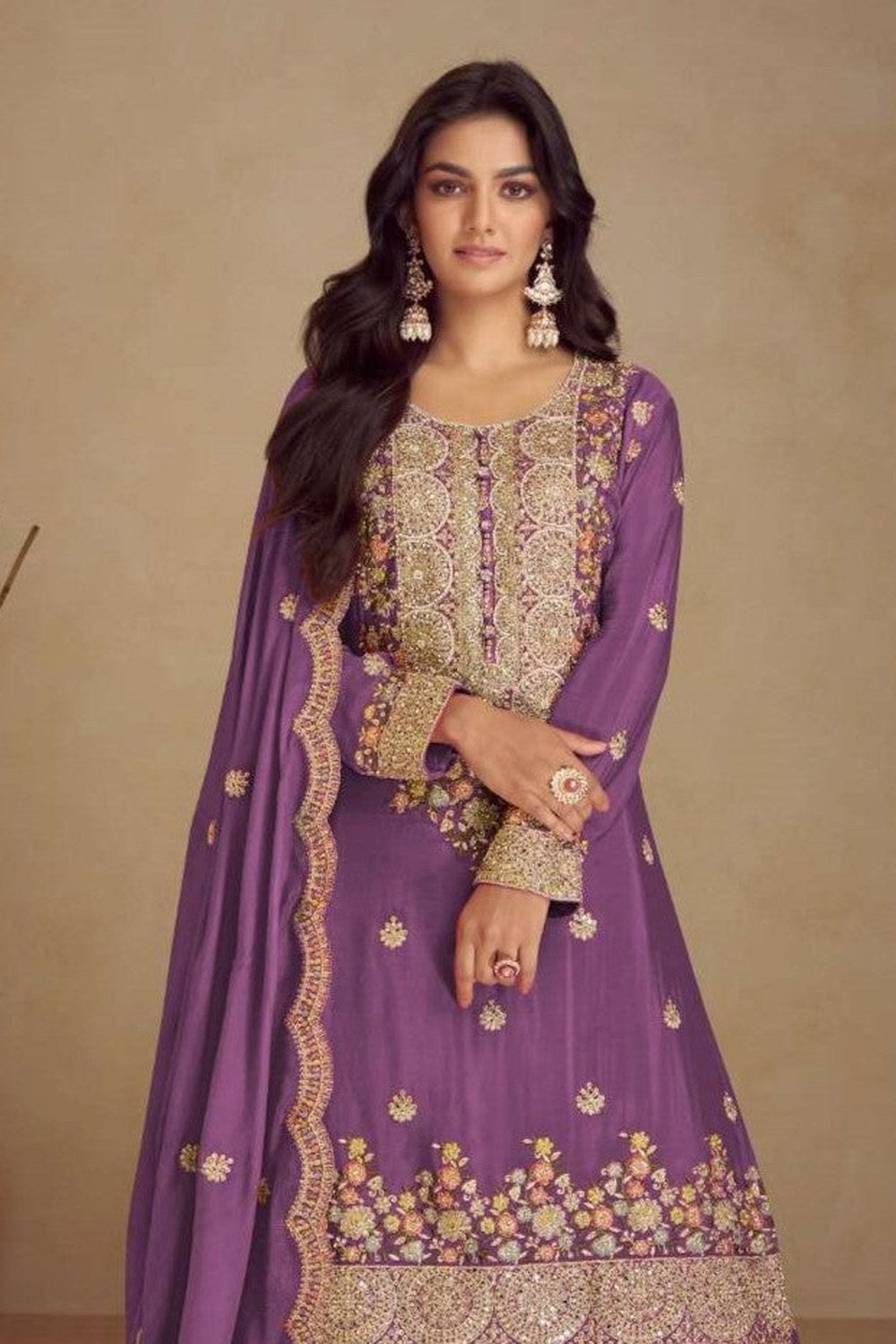 Purple Chinon Silk Thread Work Plazo Dress for Women - close-up view