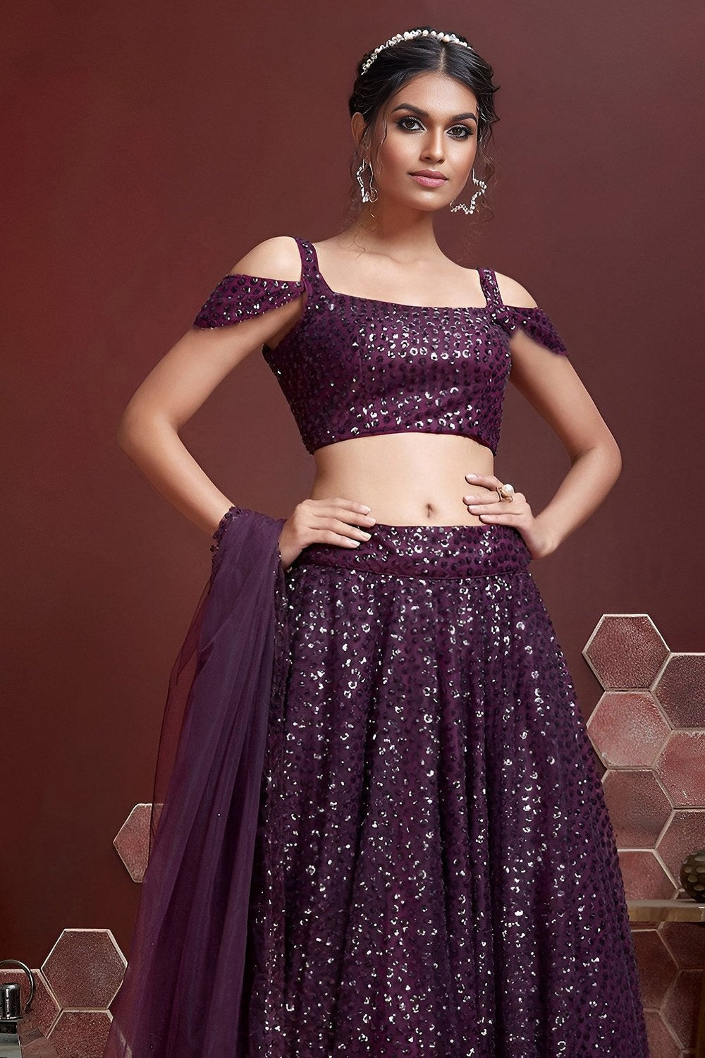Purple Net Party Wear Lehenga Choli For Indian & Pakistani Wedding Festival - Sequins & Thread Embroidery Work - close-up view