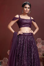 Purple Net Party Wear Lehenga Choli For Indian & Pakistani Wedding Festival - Sequins & Thread Embroidery Work - close-up view