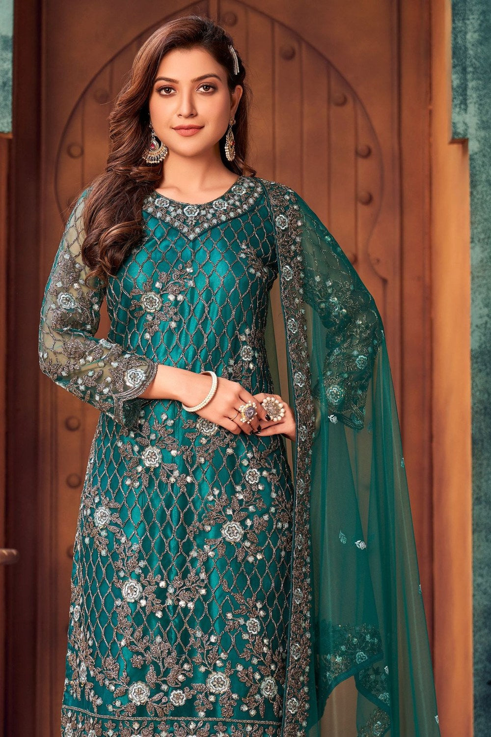 Teal Net Kameez with Pant For Indian Suit Festivals & Pakistani Weddings - Embroidery Work - close-up view