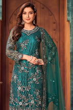 Teal Net Kameez with Pant For Indian Suit Festivals & Pakistani Weddings - Embroidery Work - close-up view