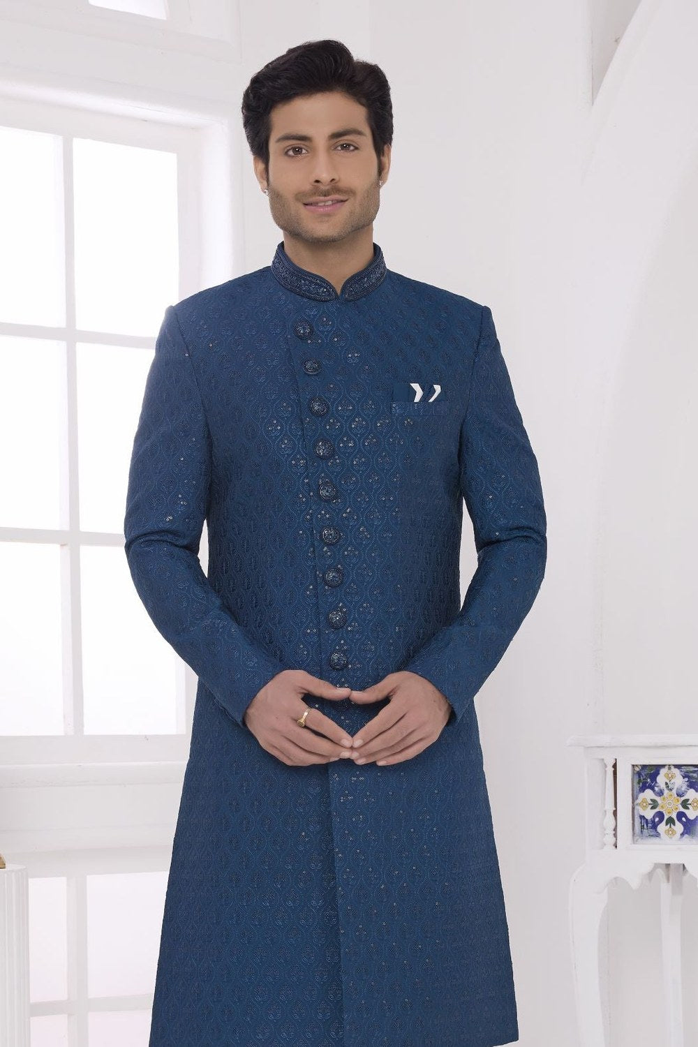 Dark Blue Sherwani Style Embroidered Kurta and Pajama for Mens - close-up view
