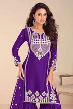 Purple Chinon Silk Sharara Suit For Indian & Pakistani Wedding Festival - Embroidery Work, Khatli Work - close-up view