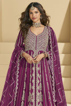 Magenta Chinon Silk Front Slit Anarkali With Skirt Suit For Indian & Pakistani Wedding Festival - Sequins & Thread Embroidery Work, Dori Work - close-up view