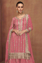 Pink Shimmer Silk Women Ethnic Clothing Plazo Suit - Embroidery Work - close-up view