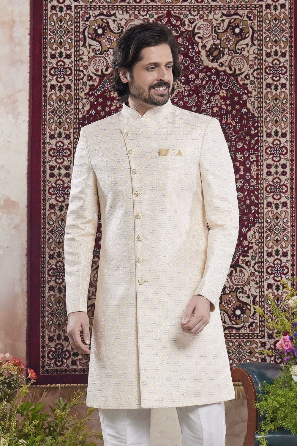 Light Golden Jacquard Mens Indian Wedding Attire Indo Western - close-up view