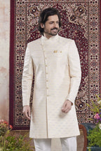 Light Golden Jacquard Mens Indian Wedding Attire Indo Western - close-up view