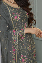 Gray Chinon Silk Floral Plazo Suit For Indian Festivals & Pakistani Weddings Dress - Embroidery Work - hem and footwear detail