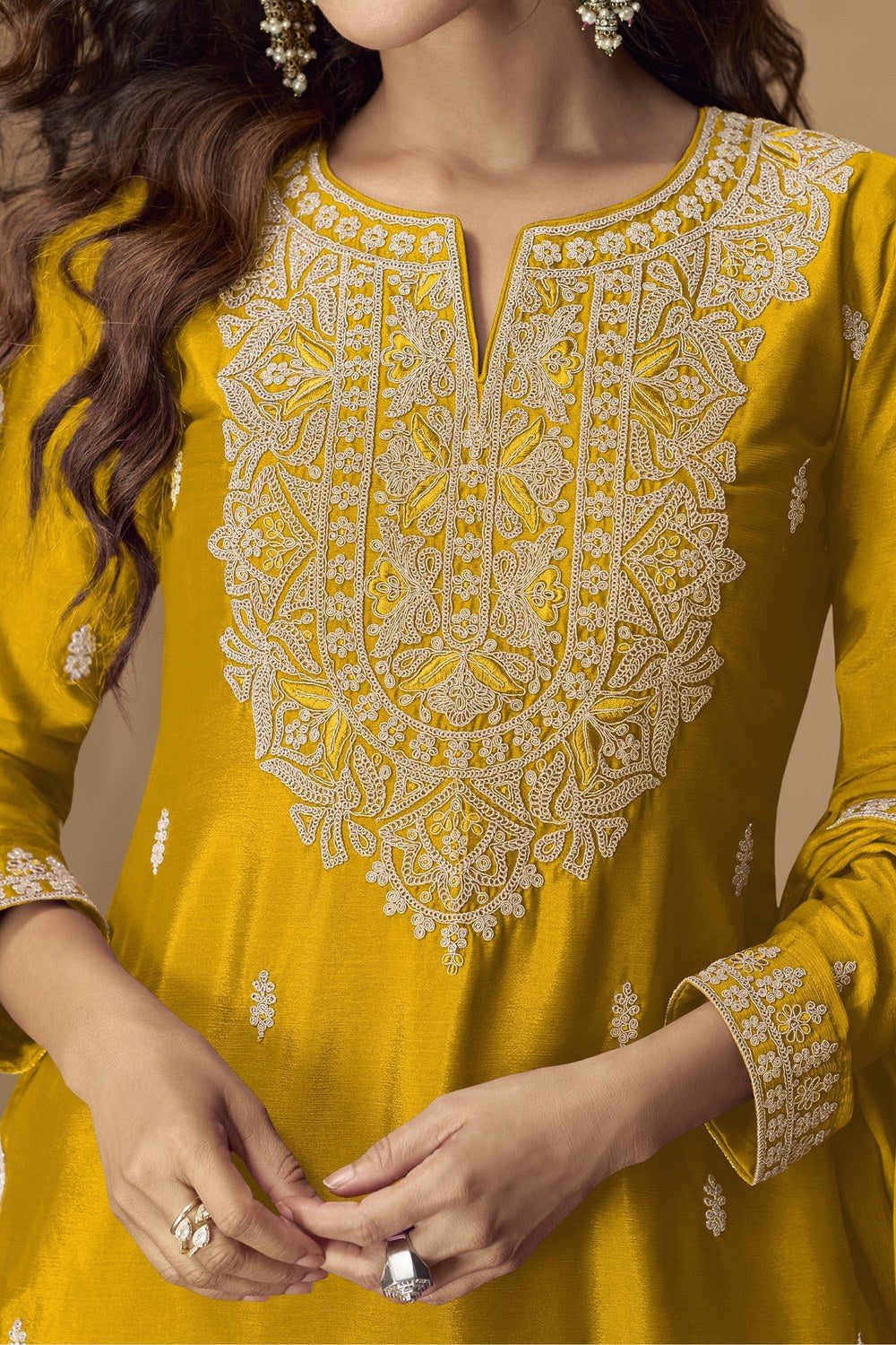 Golden Pakistani Suits Palazo with Thread and Sequins Embroidery - hem and footwear detail