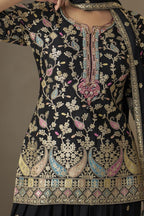 Black Chinon Silk Palazzo Suit For Indian & Pakistani Wedding Festival - Sequins & Thread Embroidery Work - hem and footwear detail