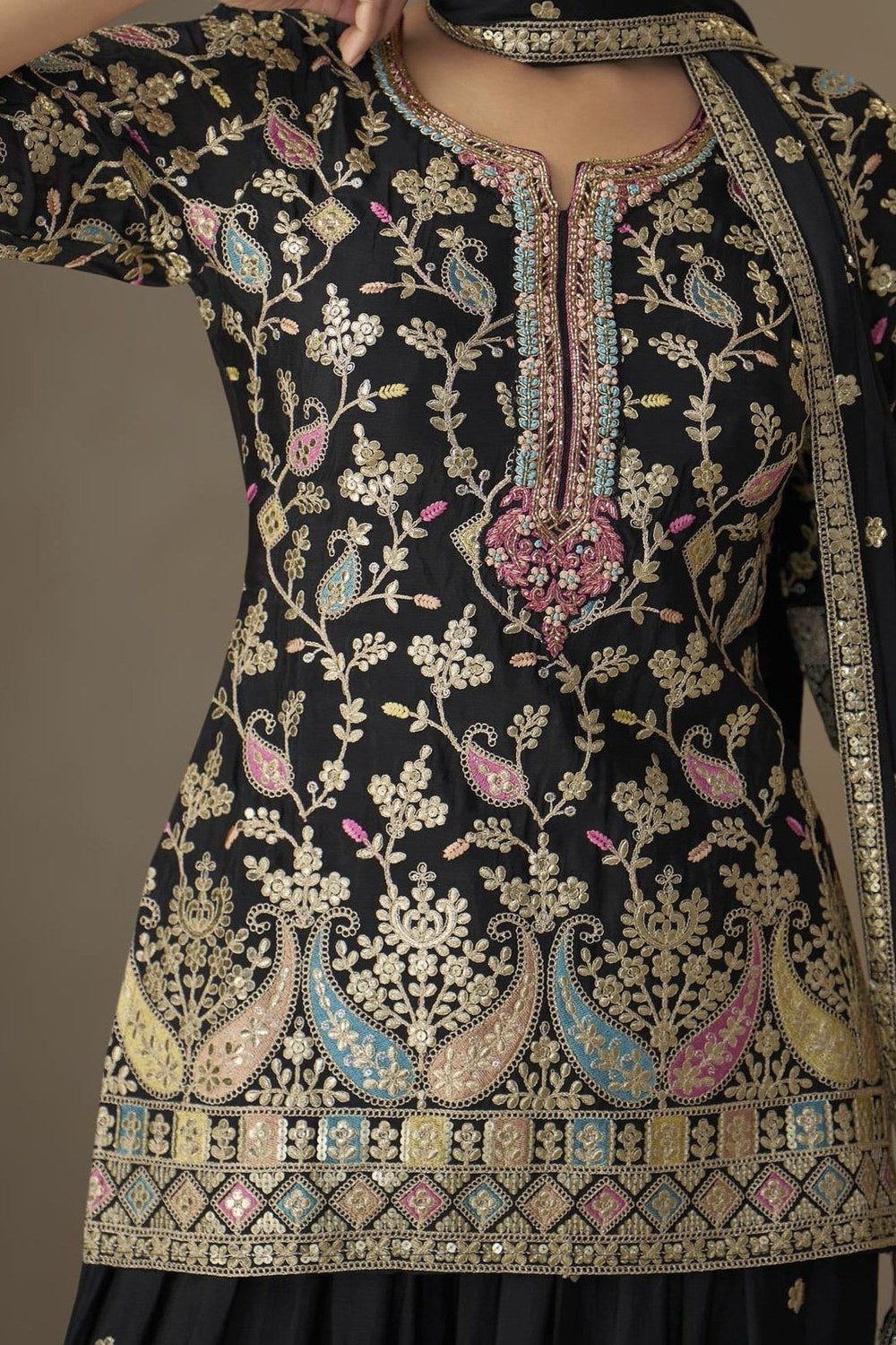 Black Chinon Silk Palazzo Suit For Indian & Pakistani Wedding Festival - Sequins & Thread Embroidery Work - hem and footwear detail