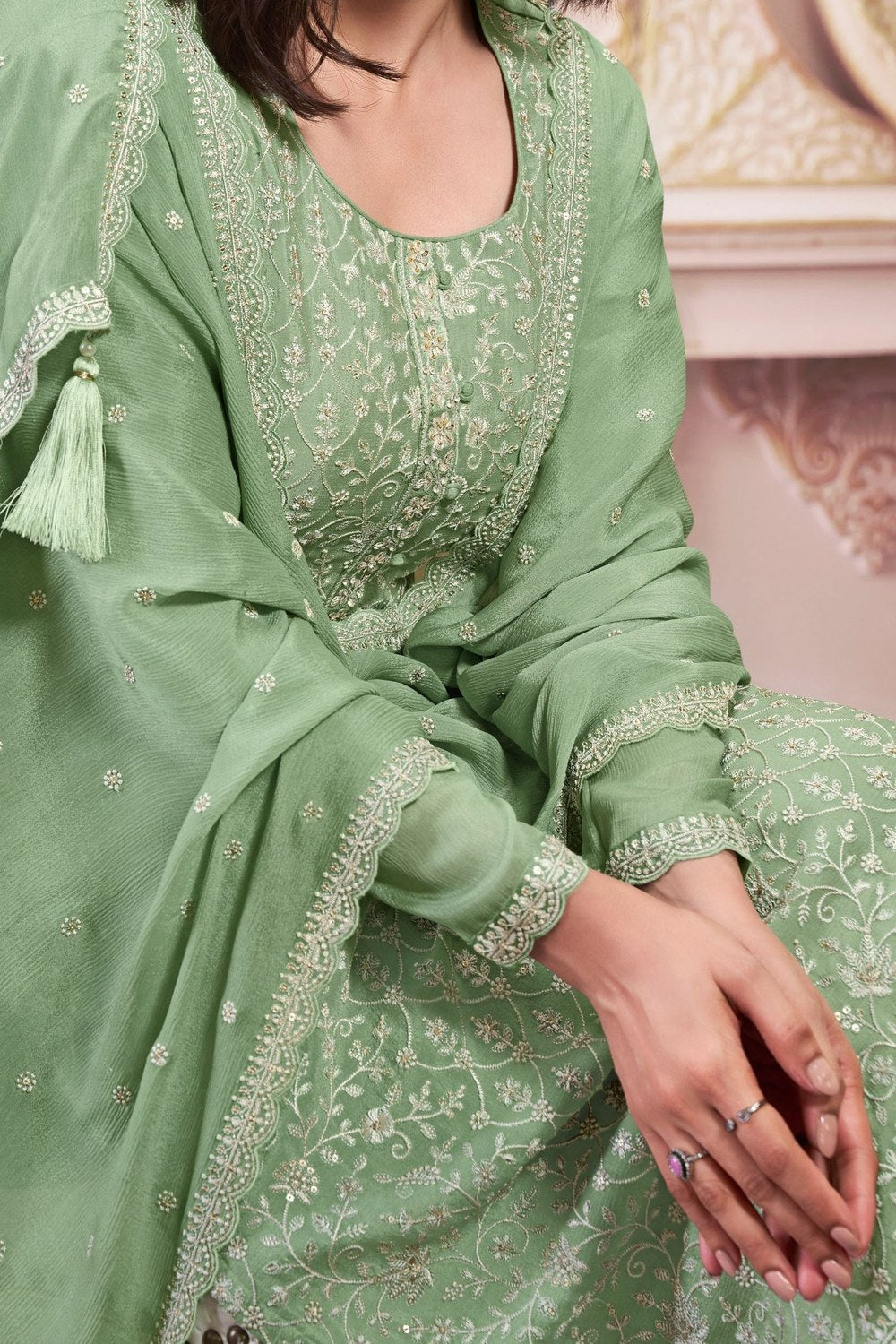 Green Chinon Silk Long Kameez Suit with Pant and Dupatta For Indian Festivals & Weddings - Embroidery Work - hem and footwear detail