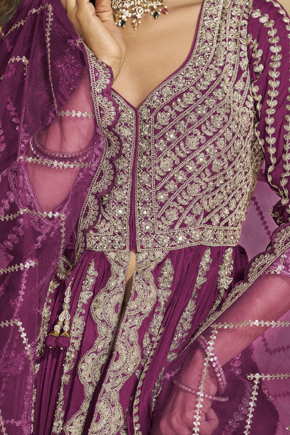Magenta Chinon Silk Front Slit Anarkali With Skirt Suit For Indian & Pakistani Wedding Festival - Sequins & Thread Embroidery Work, Dori Work - hem and footwear detail