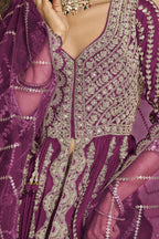 Magenta Chinon Silk Front Slit Anarkali With Skirt Suit For Indian & Pakistani Wedding Festival - Sequins & Thread Embroidery Work, Dori Work - hem and footwear detail