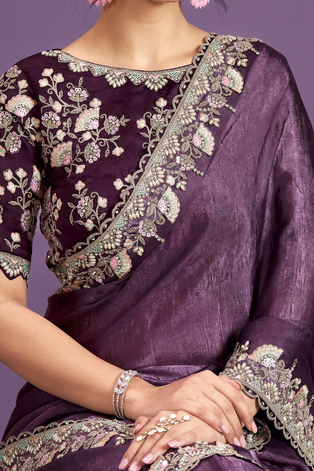 Purple Crepe Satin Crush Silk Saree With Stitched Blouse For Indian & Pakistani Wedding Festival - Sequence Embroidery Work, Stone Work - hem and footwear detail